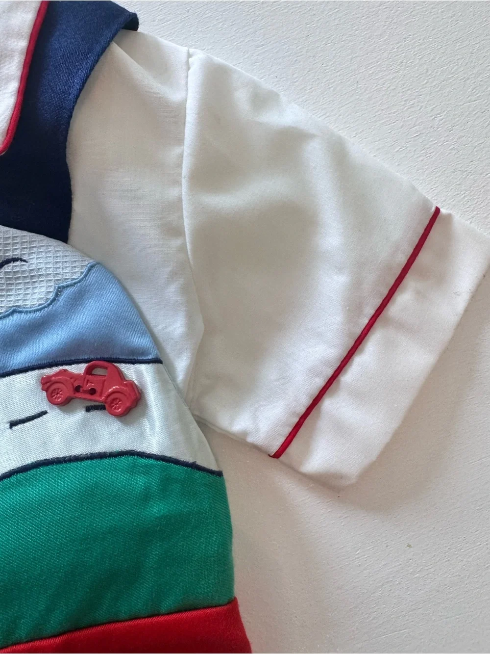 Vintage Boys Romper with Road & Car Appliqué — Navy, Red, Green, White